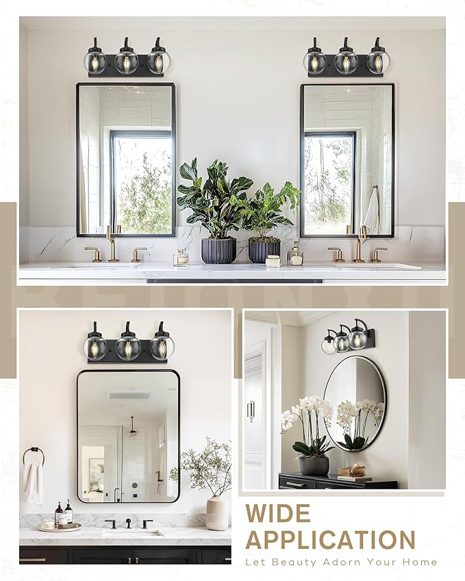 Beionxii Black Bathroom Vanity Light, 3-Light Bathroom Light Fixtures with Clear Glass Shade, Modern Vanity Lights Over Mirror Living Room Hallway, BX-VL03MB-3CG