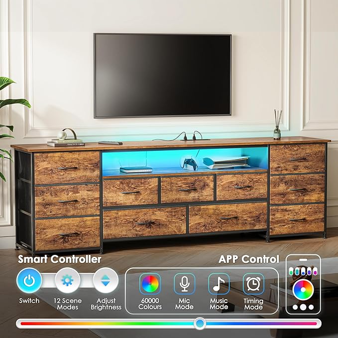 Huuger 70 Inch TV Stand for 75, 80 Inch TV, 11 Drawer Long Dresser with Power Outlets and LED Lights, Entertainment Center with Storage, Rustic Brown Dresser with Printed Surface, 1TS011F