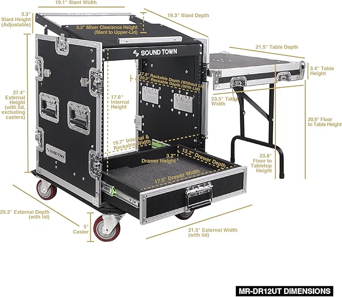 Sound Town 12U PA DJ Pro Audio Rack/Road ATA Case with 2U Drawer, 11U Slant Mixer Top, DJ Work Table, Casters, Pro Tour Grade (MR-DR12UT)
