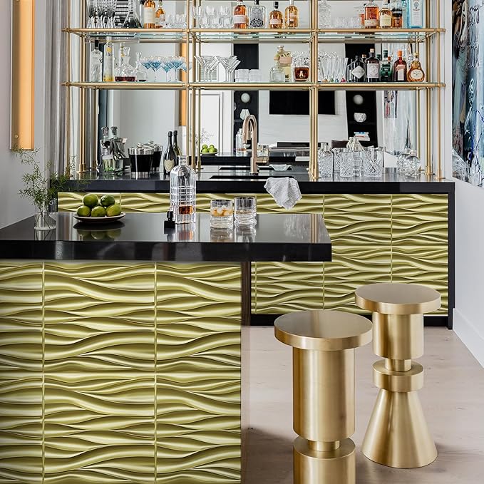 STICKGOO 3D Wall Panels for Interior Wall Decor, Champaign Gold Wave Design Accent Wall Panels, 19.7" x 19.7" Decorative PVC Wall Panels for Living Room, Lobby, Office