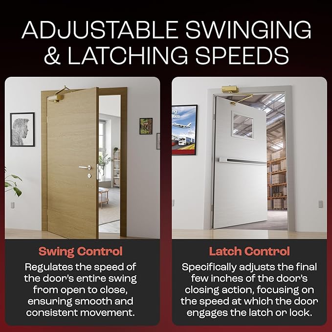PrimeWare DC-300 Automatic Adjustable Door Closers for Home | Soft Close, No Slam | Residential and Commercial Door Closer | Level 3 | for Doors Weighing 90-140 lbs | Hydraulic Door Spring - Gold