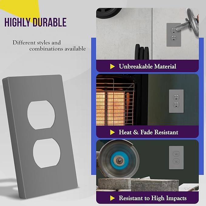 ENERLITES Screwless Duplex Wall Plate, Child Safe Receptacle Outlet Cover, Standard Size, 1-Gang 4.68" x 2.93", Unbreakable Polycarbonate Thermoplastic, UL Listed, SI8821-GY, Glossy, Gray