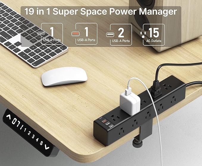 CCCEI Standing Desk Clamp Power Strip with 15 Outlets, Black Desktop Edge Mount Surge Protector Outlet, Fast Charging USB-A and 45W USB-C Ports, 10 FT Flat Plug, Black Fit 1.6 inch Table top.