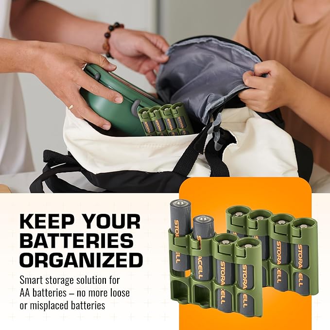AA Battery Storage Caddy by Storacell (2 Pack), Military Green, Holds 4 Batteries (Not included)