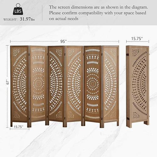 ALeesing 6 Panel Wood Room Divider Fully Assembled, Decorative Room Dividers and Folding Screens, 5.6Ft Room Divider Screen Freestanding Partition Wall Dividers for Home Bedroom Office, Brown