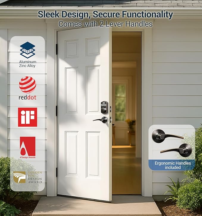 Veise Fingerprint Door Lock with 2 Lever Handles - Keyless Entry Door Lock, Electronic Keypad Deadbolt, Digital Smart Code & Front Handle Sets, Auto-Locking, Easy Installation, Oil Rubbed Bronze