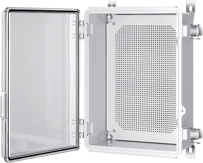 Gratury Junction Box, IP67 Waterproof Plastic Enclosure for Electrical Project, Hinged Grey Cover, Includes Mounting Plate and Wall Bracket (Transparent Cover, 14.6"×10.6"×5.9")