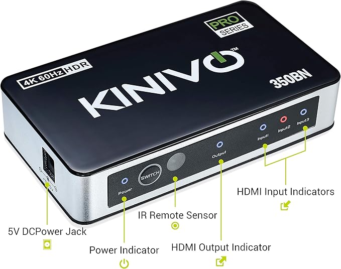 Kinivo HDMI Switch 3 in 1 Out 4K 60Hz (HDR 10, High Speed 18Gbps, IR Remote, HDCP2.2, Dolby Vision, VRR) - 350BN Switcher Compatible with Roku, PS5, Xbox, Apple TV, Nintendo Switch 2, Cable Box