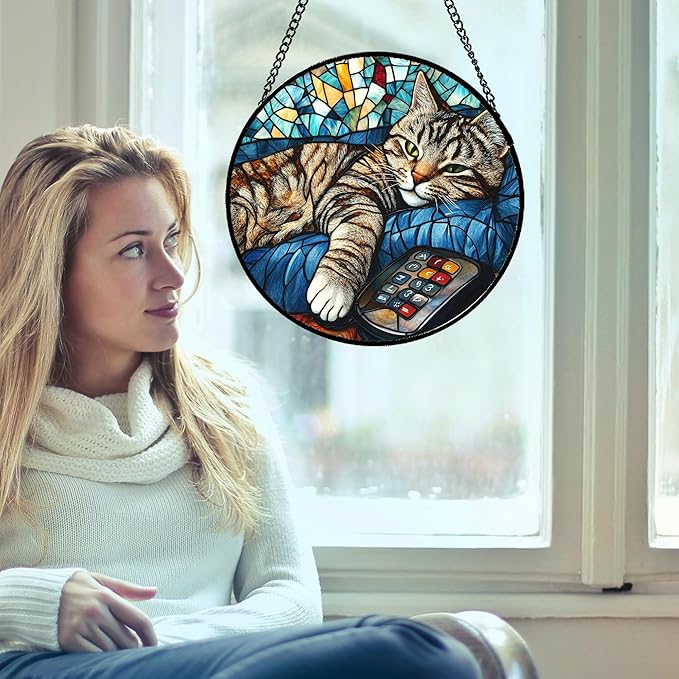 DASTOLL Stained Glass Window Hanging Gray Cat and Remote Control Large 11.8" - Suncatcher Door Garden Kitchen Sun Catcher Home Decor Birthday for Lost Pets Mom Men Woman Friend Grandma