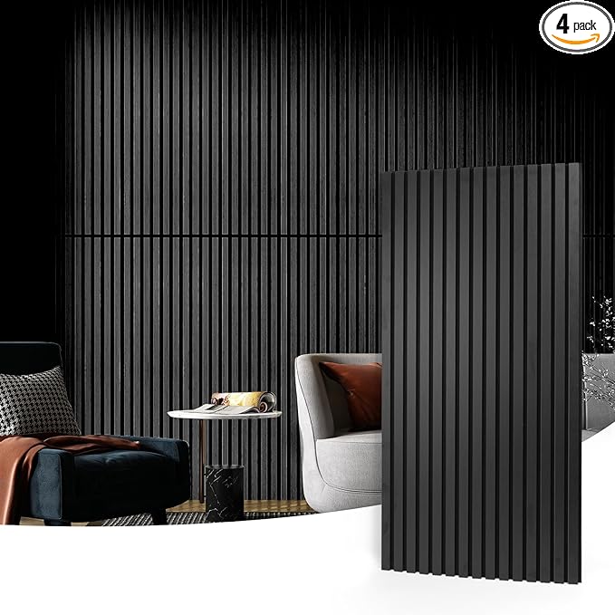 Art3d 4 Pack 47.2 x 23.6in. Wood Slat Acoustic Panels for Wall and Ceiling - 3D Fluted Sound Absorbing Panel with Wood Finish - Matte Black