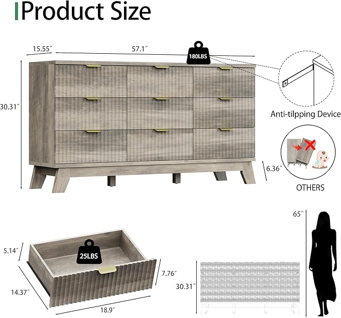 Xixini Fluted Dresser for Bedroom with 9 Drawers, 57" Wide Modern Chest of Drawers with Metal Handle, Wooden Dresser TV Stand, Wood Closet Clothes Storage Organizer for Living Room, Hallway, Grey