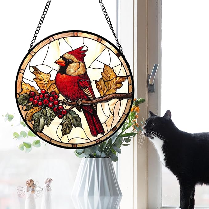 DASTOLL Stained Glass Window Hanging, Birds on a Branch Cardinal Sun Catchers Diamond Glass Panel Hangings Suncatcher Decor for Birthday for Women, Men, Wife, Aunt, and Mom 14.9x14.9 in