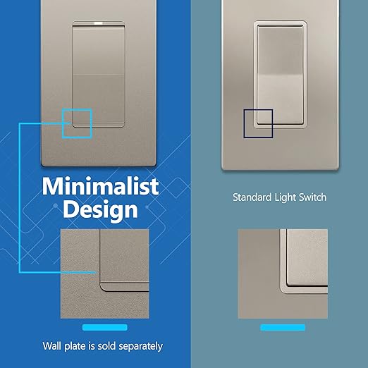 LIDER Minimalist Design Matte Finish Lighted Decorator Switch, Frameless Paddle Light Switch with Locator Light, Grounding Screw, 3-Way or Single Pole, 15A 120V, UL Listed, LS15-3W-NK, Nickel