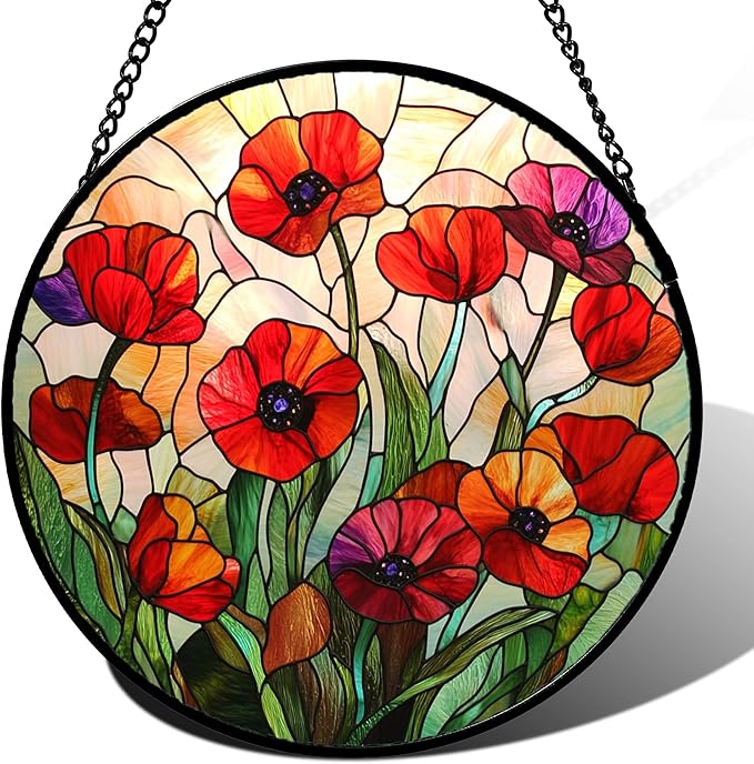 CRISGIF Stained Glass Window Hanging - Poppy Birth Flowers Suncatcher for Door Garden Yard Wildflowers Sun Catchers Decor Christmas Mother's Day Birthday Gifts for Women Mom Nana Friend 7.8 in