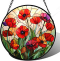 CRISGIF Stained Glass Window Hanging - Poppy Birth Flowers Suncatcher for Door Garden Yard Wildflowers Sun Catchers Decor Christmas Mother's Day Birthday Gifts for Women Mom Nana Friend 11.8 in