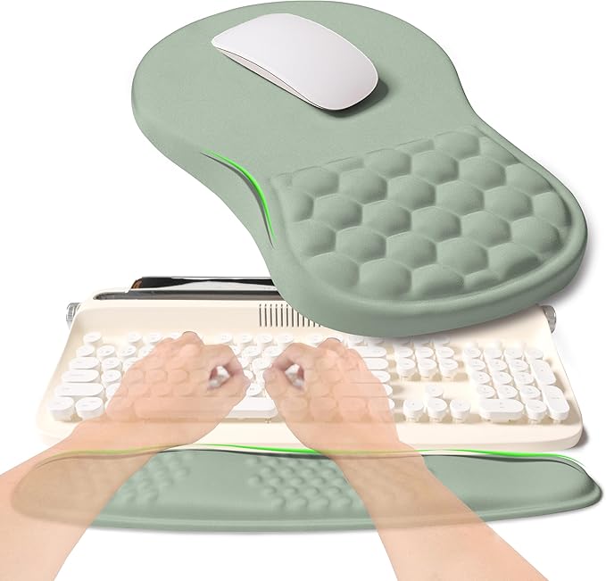 KUOSGM 2-in-1 Ergonomic Set, Wave Rise Keyboard Wrist Rest and Massage Bulge Slope Mouse Pad Wrist Support, Cushion Memory Foam Integrated to Relieve Wrist Pain, Light Green
