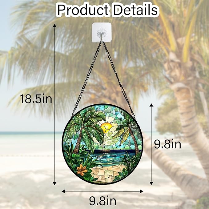 DASTOLL Stained Glass Window Hanging, Green Beach Scenery Suncatcher Diamond Glass Panel Hangings Sun Catchers Decor for Birthday for Women, Men, Wife, Aunt, and Mom 9.8 in