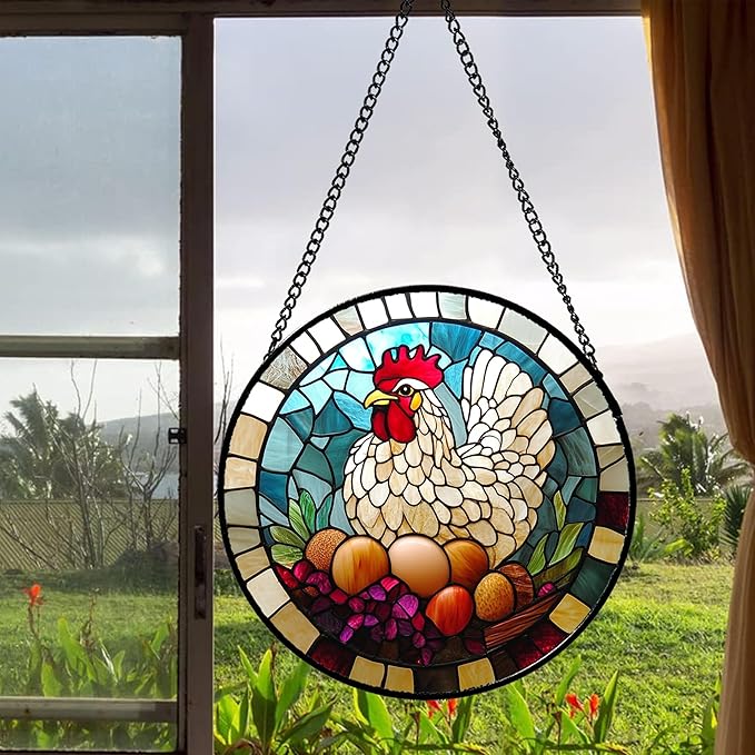 DASTOLL Stained Glass Window Hanging White Chicken Hatching Eggs 9.8" - Suncatcher Door Garden Sunroom Sun Catcher Home Decor Birthday Christmas for Mom Men Woman Nana