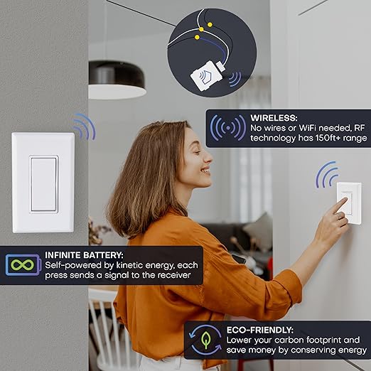 RunLessWire 3-Way Battery-Free DIY Wireless Light Switch Kit 150ft RF Range Self-Powered by Kinetic Energy for Hallways & Stairways: 2 Remote Switches Control 1 5A On/Off Receiver – Light Almond