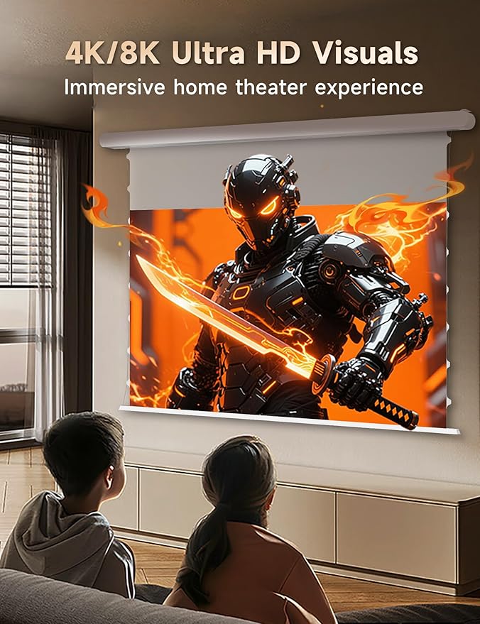 100" PureVision Motorized Projector Screen with Laser Speckle Reduction & Auto-Sync for Long Throw Projectors,Movie Screen 4K/8K UHD Ready,20" Adjustable Drop and Black Backing for Enhanced Contrast