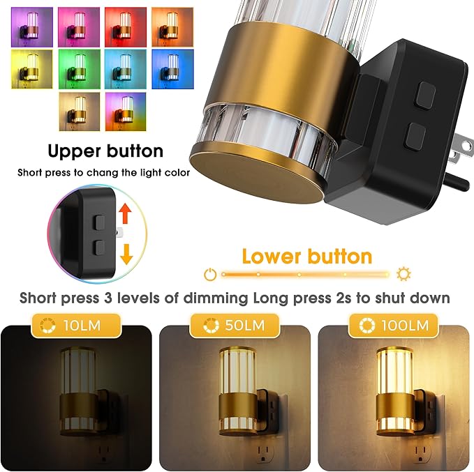 L LOHAS LED Night Light, Night Lights Plug into Wall, 2 Pack 10-Color RGB Change Nightlights,10/50/100LM Adjustable Automatic Nightlights Plug in with Dusk to Dawn Sensor for Room Bathroom Hallway