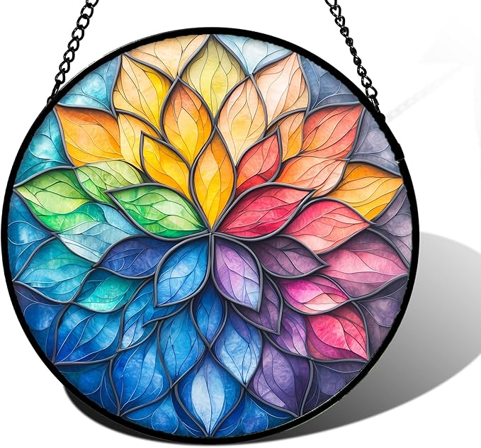 DASTOLL Stained Glass Window Hanging, Colorful Flower Petals Sun Catchers Diamond Glass Panel Hangings Suncatcher Decor for Birthday for Women, Men, Wife, Aunt, and Mom 11.8x11.8 in