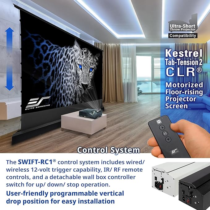 Elite Screens Kestrel Tab-Tension CLR, 101 inch 16:9, Ultra-Short Throw Ceiling Ambient Light Rejecting ALR Electric UST Floor-Rising Projection Motorized Front Projector Screen, FTE101UH3-CLR, Black