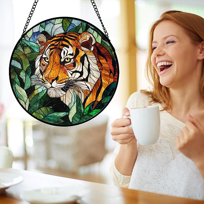 AMDERVEN Stained Glass Window Hanging, Fierce Tiger Sun Catcher for Door Home Decor Wild Animals Suncatcher Christmas Mother's Day Birthday Gifts for Women Men Mom and Nana 6.3 in