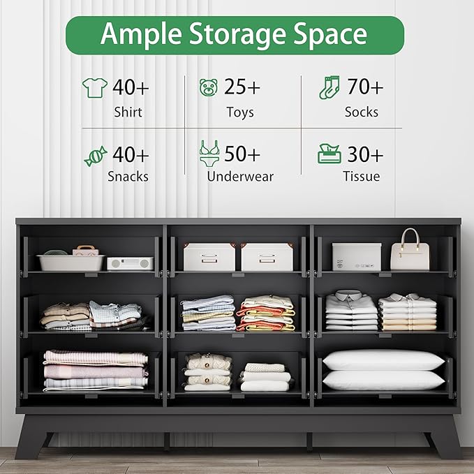Xixini Fluted Dresser for Bedroom with 9 Drawers, 57" Wide Chest of Drawers with Metal Handle, Modern Wood Dresser TV Stand, Wooden Closet Clothes Storage Organizer for Living Room, Hallway, Black