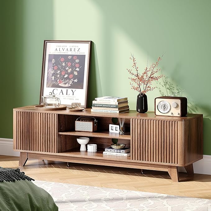 VINGLI 58.6" TV Stand up for 70 Inch TV, Mid Century Entertainment Center with Fluted Sliding Doors and Open Storage, Elegant Media Consoles for Living Room, Walnut