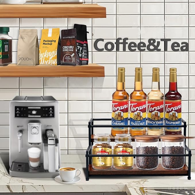 Coffee Syrup Rack Organizer - 2-Tier 10 Syrup Bottles Holder for Coffee Bar, Liquor Bottle Display Shelf - Rustic Kitchen Cabinet for Spices, Jars - Stepped Pantry Shelf for Wine, Tea & Bottles