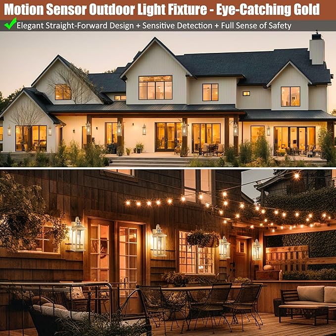 Roravilila 2-Pack Gold Dusk to Dawn Motion Sensor Lights 18 Inch, Large Outdoor Light Fixtures IP65 Waterproof Anti-Rust Brass Outside Lights for House Photocell Modern Exterior Lanterns Wall Mounted
