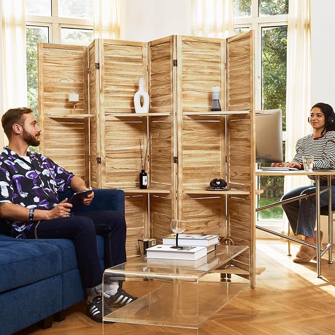 Partition Room Dividers, Folding Wood Privacy Screen with Three Display Shelves Suitable for Home Office, Study, Art Display - 6 Panel, 67 * 77inch (Wood)