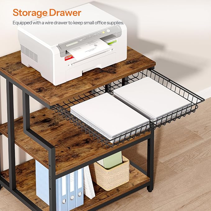 HOOBRO 23.6'' x 19.7'' Extra Large Printer Stand with Drawer, Printer Table with Adjustable Shelf, 3-Tier Printer Cart with Storage, for Heat Press Scanner Fax, Rustic Brown and Black BF10PS01