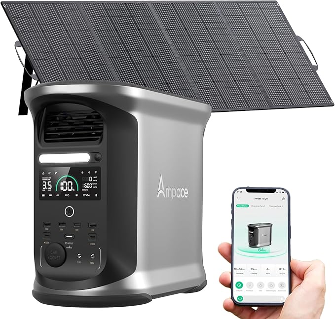 AMPACE Andes 1500 Portable Power Station with 200w Solar Panels 2400W(Surge 3600W), 1462Wh Solar Generator, LiFePO4 Battery, APP Control, Emergency Power for Home Backup, Camping, RV, Emergency