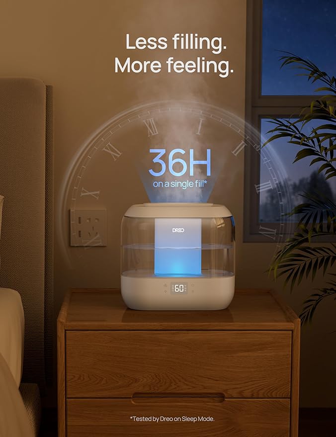 DREO Smart Humidifiers for Bedroom, Top Fill 4L Supersized Humidifier Large Room with 28 dB, 36H Runtime, Touch/APP/Voice Control, Nightlight, Cool Mist Humidifiers for Baby, Plants, Indoor, White