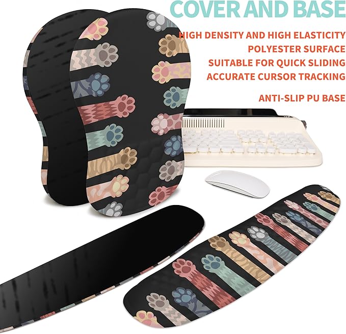 KUOSGM 2-in-1 Ergonomic Set, Wave Rise Keyboard Wrist Rest and Massage Bulge Slope Mouse Pad Wrist Support, Cushion Memory Foam Integrated to Relieve Wrist Pain, Multicolour Cat Claws