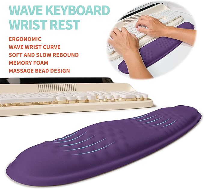 KUOSGM 2-in-1 Ergonomic Set, Wave Rise Keyboard Wrist Rest and Massage Bulge Slope Mouse Pad Wrist Support, Cushion Memory Foam Integrated to Relieve Wrist Pain, Dark Purple