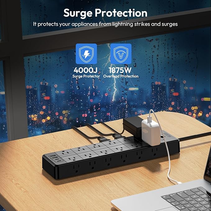 24 Widely Outlets Extension Cord 10 Ft NTONPOWER 15A/1875W Power Strips with Surge Protection 4000J,Black Extension Cord Surge Protector with 4 USB Ports(2 USB C), Wall Mount Holes for Home, Office