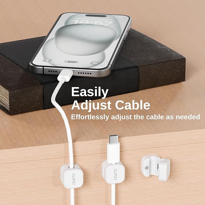 Clipzy 6 Pack Magnetic Cable Clips & Cord Holder, Under Desk Cable Management, Adhesive Wire Holder Keeper Organizer for Home Office Computer Desk Phone Car Wall Desktop Nightstand (White)