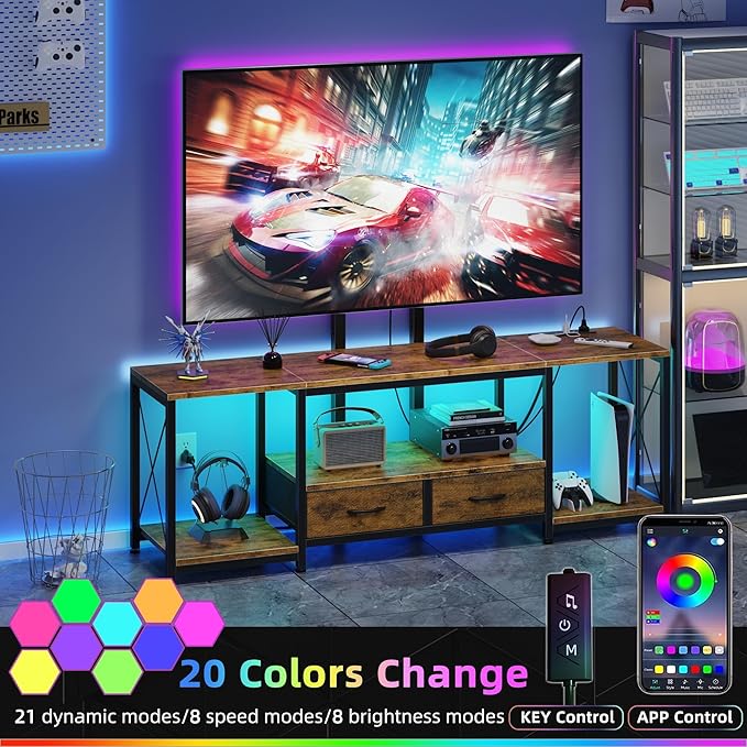 GYIIYUO LED TV Stand with Mount and Power Outlet & Fabric Drawers for 32-85 Inches TV - Entertainment Center and Corner Tv Stand for Living Room, Bedroom- 47" Rustic Brown (Max VESA 600mm × 400mm | with Mount, Power Outlet, Fabric Drawers, 32-85 Inches TV