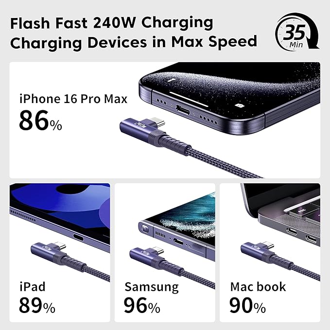USB C Cable [2Pack, 10ft] 240W Fast Charging Type C Cord, Nylon Braided USB 2.0 Cable for iPhone 17 16 15 Pro Plus Pro Max Air, iPad Pro, Samsung Galaxy S24 S23, Switch, MacBook Pro, Pixel-Purple
