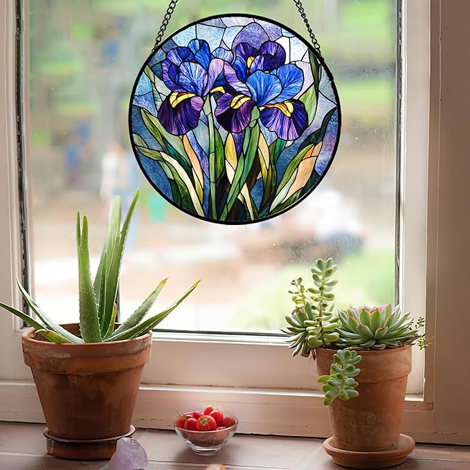 CRISGIF Stained Glass Window Hanging - Blue Purple Iris Flower Suncatcher for Door Garden Patio Sun Catchers Decor Christmas Mother's Day Birthday Gifts for Women Men Mom Nana Aunt Friend 9.8 in