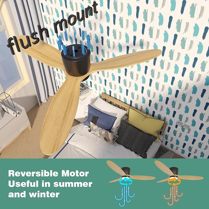 OUATER Flush Mount Ceiling Fan with Light, 52 inch Low Profile Ceiling Fans with Remote for Outdoor/Patios, 3 Color Light, 6 Speed, DC Motor, Wood and Modern Matte Black, DOE Certified