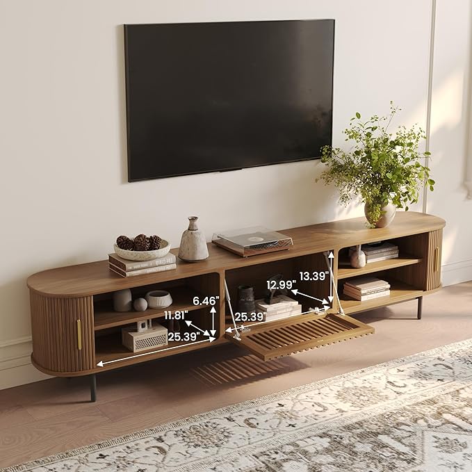 POVISON Sliding Tambour Door TV Stand with LED Lights, Mid Century Modern TV Console, Wood Media Console, Entertainment Center with Storage Cabinet, Fully-Assembled (Walnut, 94.49")