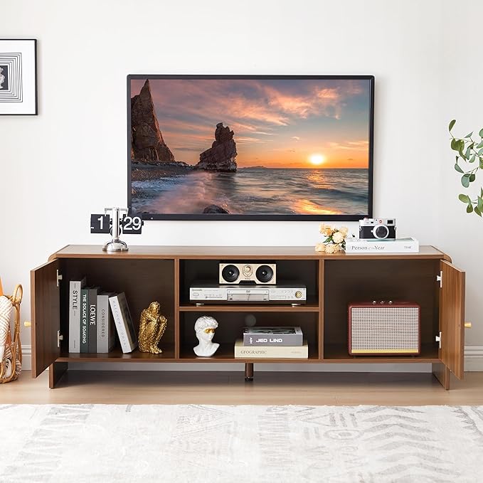 MAHYIZYI 58'' TV Stand for 65 inch TV, Mid Century Modern Entainment Center with Storage Cabinets & Open Shelf, Wood Media TV Console Table for Living Room, Office
