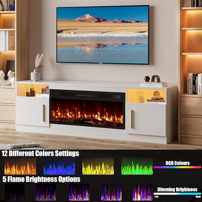 VITESSE Fireplace with TV Stand 36" inch Electric Fireplace Up to 80" TVs, LED Light Entertainment Center, 70" Modern Wood High Gloss with Highlight Storage Cabinet for Living Room (White)
