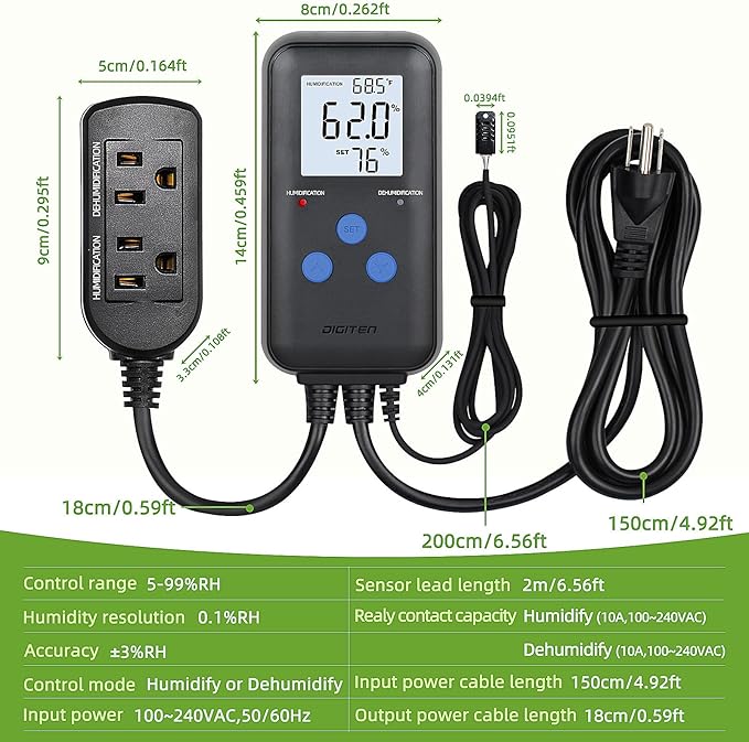 DIGITEN Humidity Controller Pre-Wired Digital Humidistat with Temperature Display, Dual-Stage Outlet Humidifier /Dehumidifier for Mushroom,Reptile, Greenhouse, Fan, Grow Tent