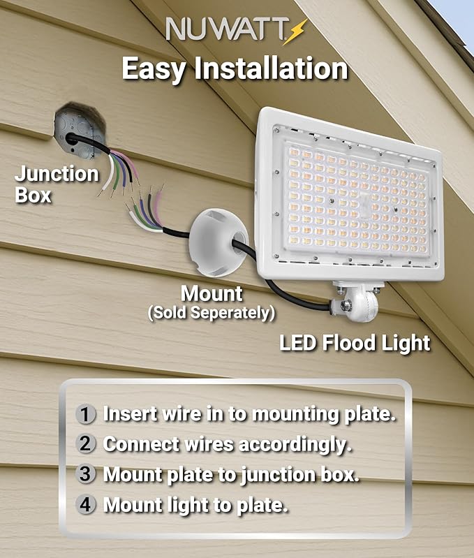 NUWATT 90W LED Flood Light, 3CCT 3000K/4000K/5000K Selectable, IP65 Waterproof Lighting, Adjustable Knuckle Mount, 12600LM, 0-10V Dimmable, 120-277V, Outdoor Security Floodlight for Yard, White, UL