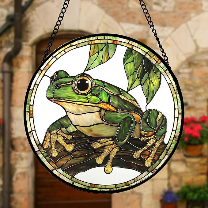 DASTOLL Stained Glass Window Hanging, Frog Green Leaf Sun Catchers Colorful Glass Panel Cool Suncatcher Decor for Birthday for Women, Men, Wife, Aunt, and Mom 6.3 in